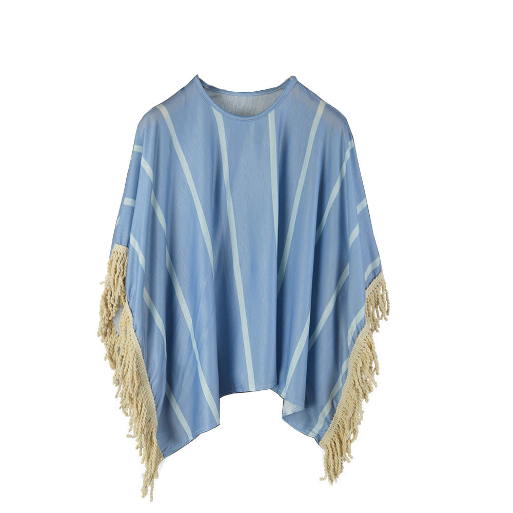 Damen Strandponcho mit fransigem Saum und gestreiftem Design R&B