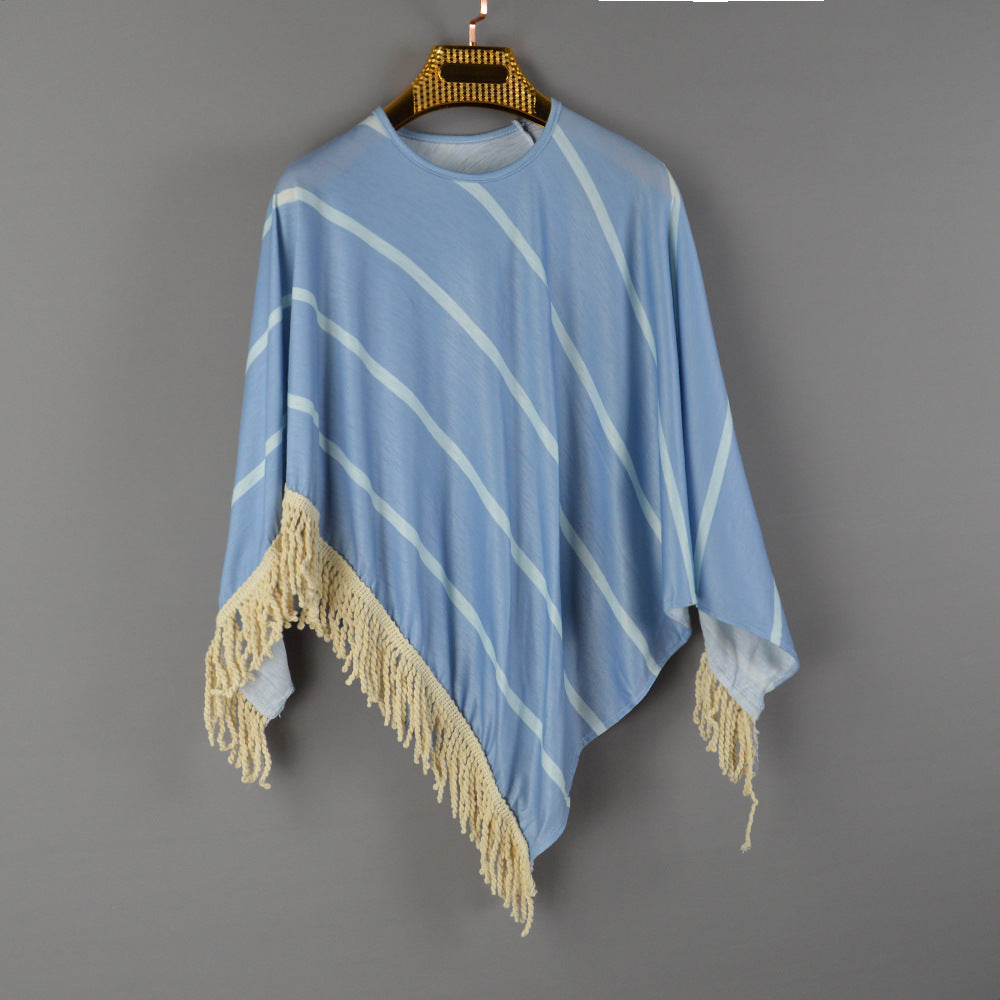 Damen Strandponcho mit fransigem Saum und gestreiftem Design R&B