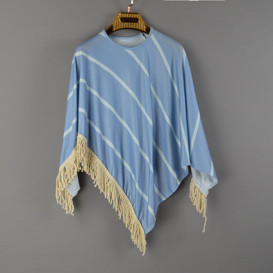 Damen Strandponcho mit fransigem Saum und gestreiftem Design R&B