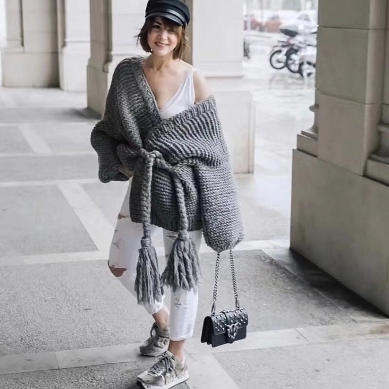 Damen Grobstrick-Cardigan mit geflochtenem Gürtel und langen Ärmeln R&B