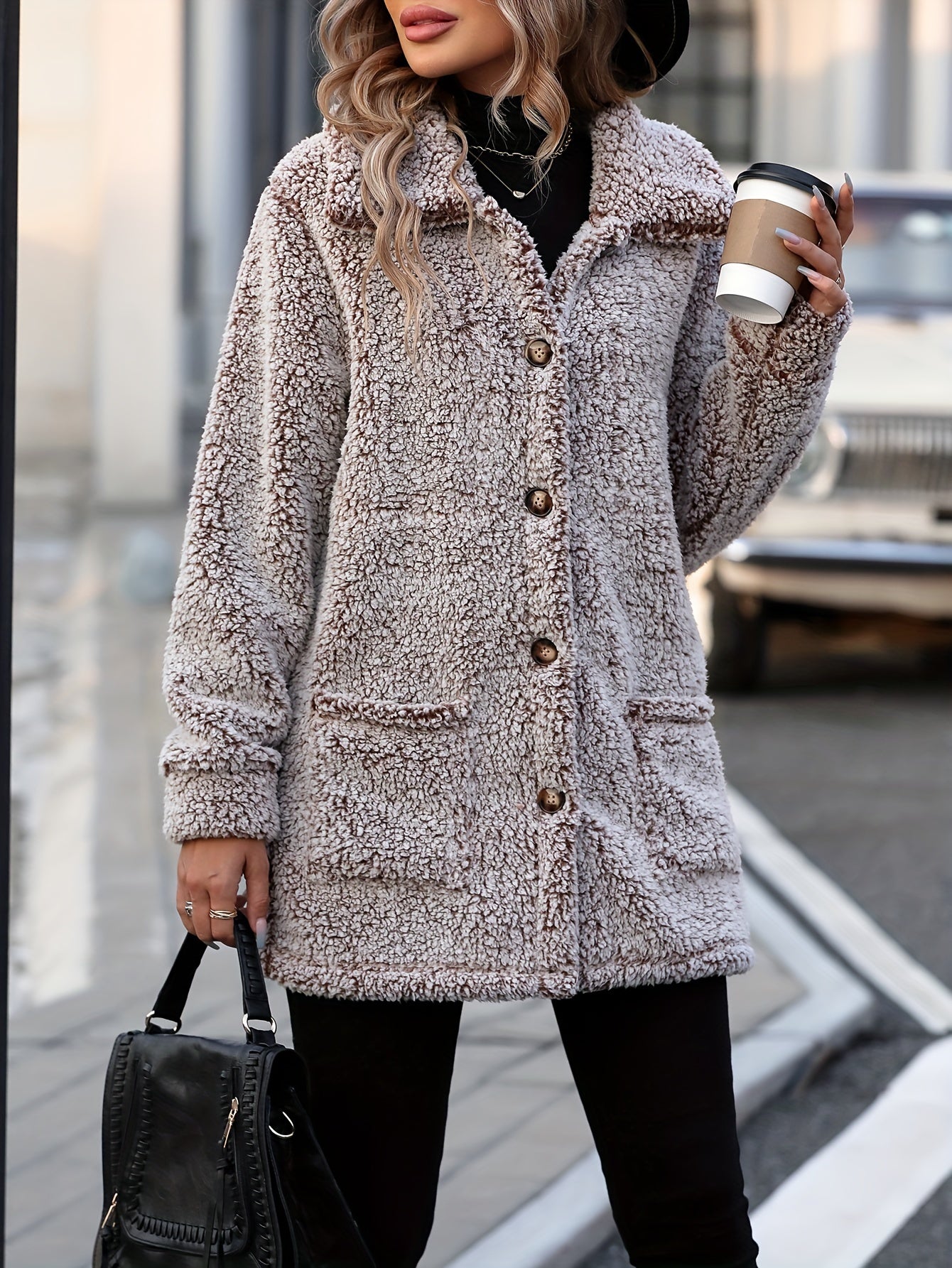 R&B | Lange Teddyjacke mit Knöpfen Polyester Komfortabel und Warm