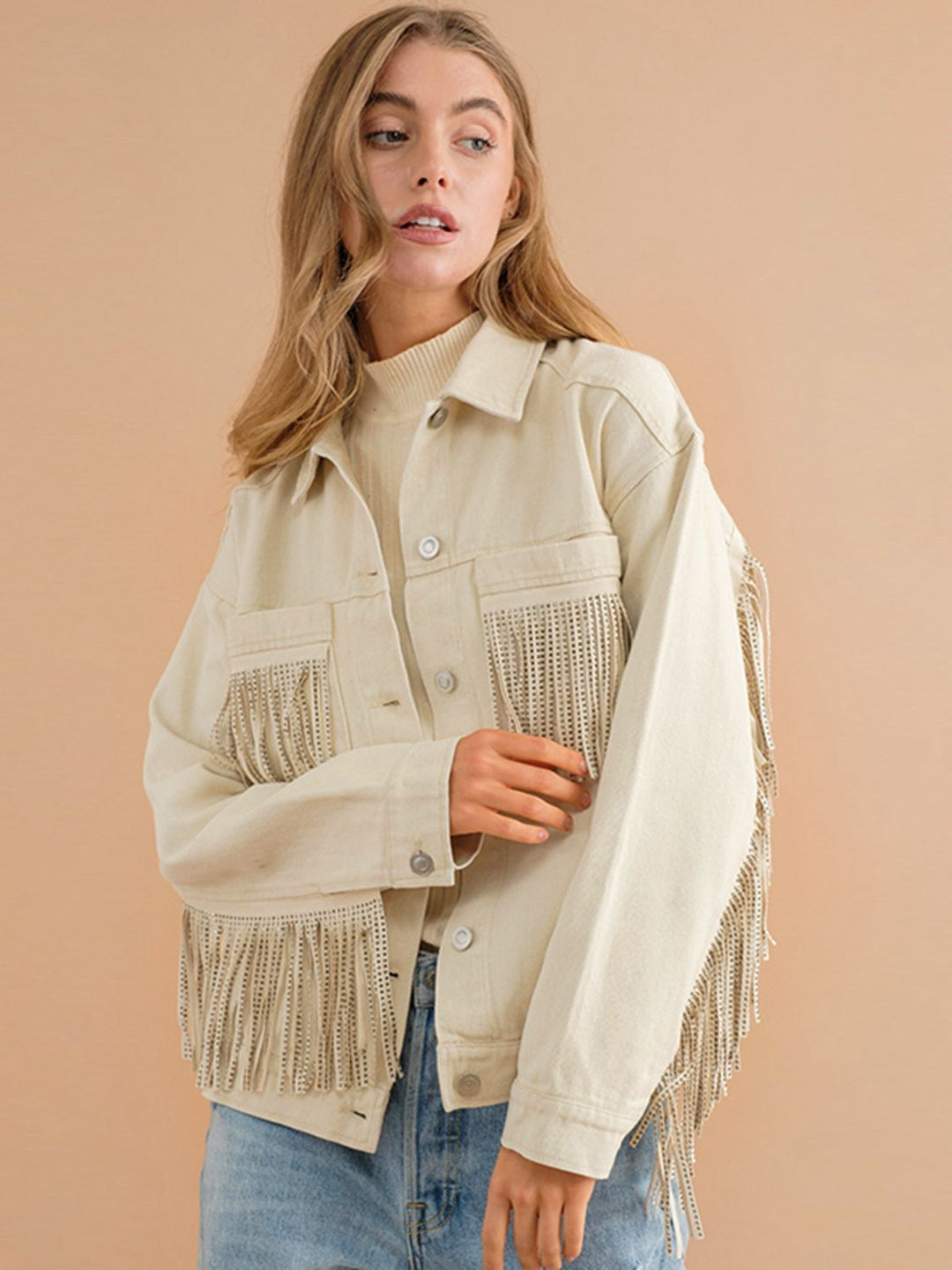 R&B | Fransen-Detail Gefallene Schulter Denimjacke