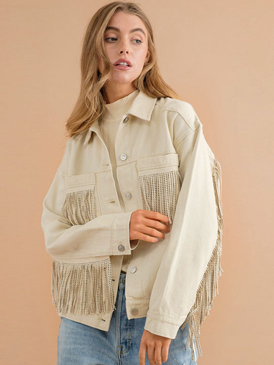 R&B | Fransen-Detail Gefallene Schulter Denimjacke