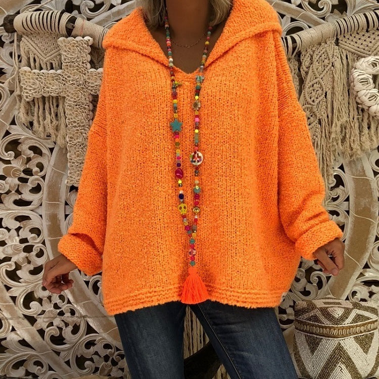 Damen bequemer Strickpullover mit Kapuze und lässigem Schnitt R&B