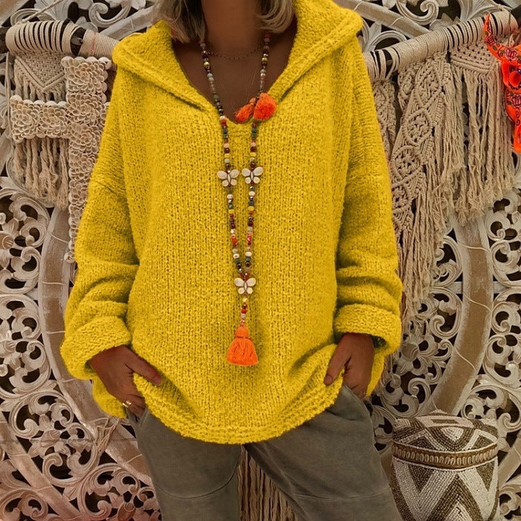 Damen bequemer Strickpullover mit Kapuze und lässigem Schnitt R&B