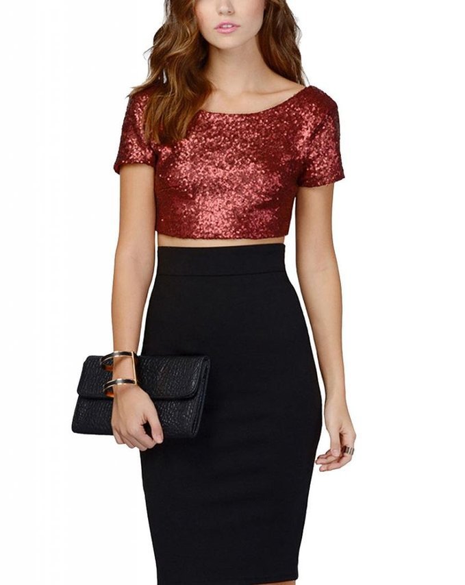 Damen Glamouröses Crop-Top mit Pailletten und leichter A-Linie Rock R&B