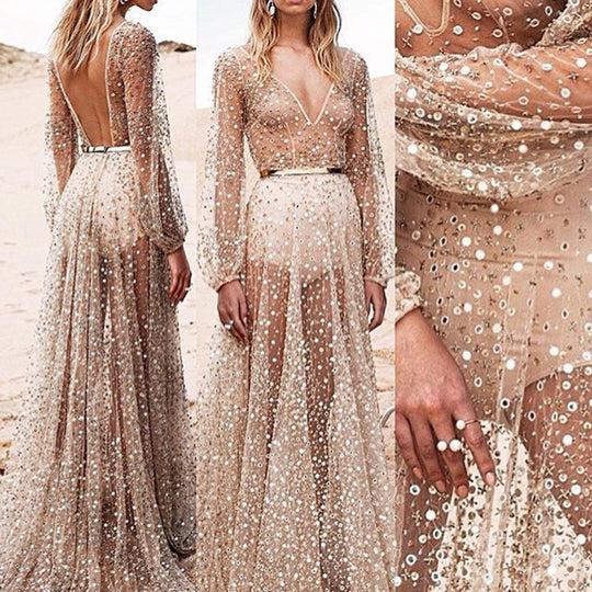 Damen Hochwertiges Abendkleid mit funkelnden Pailletten und transparentem Stoff R&B