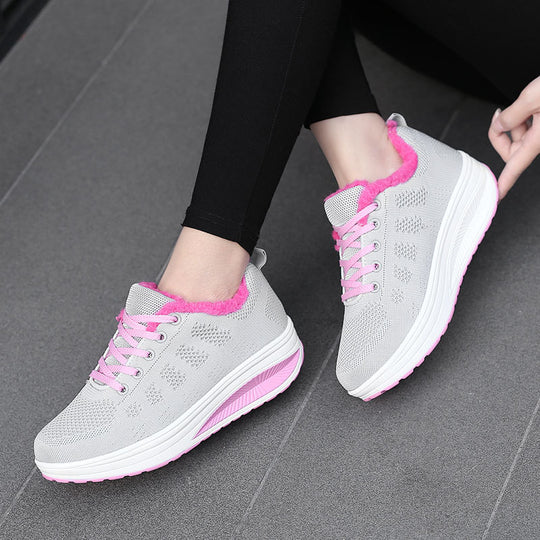 Damen nan gefütterter Strick-Schnürwalkingschuh mit kuscheligem Teddyfutter und ergonomischer Keilsohle R&B