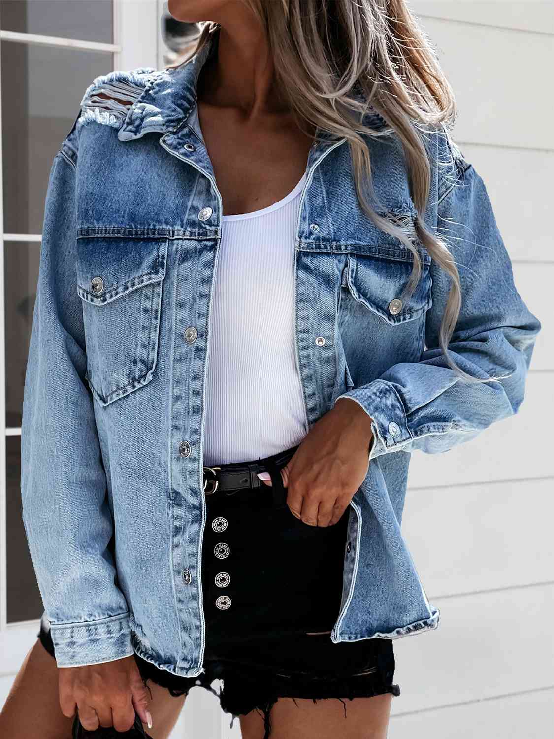 R&B | Ausgefranste Snap Down Denimjacke
