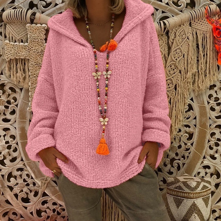 Damen bequemer Strickpullover mit Kapuze und lässigem Schnitt R&B
