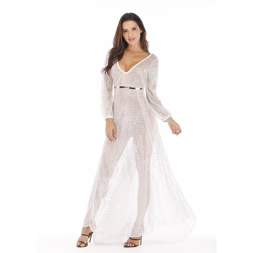 Damen Hochwertiges Abendkleid mit funkelnden Pailletten und transparentem Stoff R&B