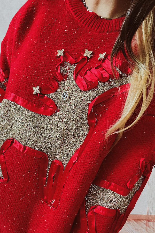 R&B | Weihnachtsmuster Gestrickter Rundhalsausschnitt Langarmpullover