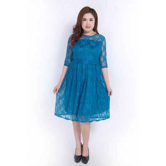 Damen Spitzenkleid mit elegantem Rundhalsausschnitt und schwingendem Rock R&B