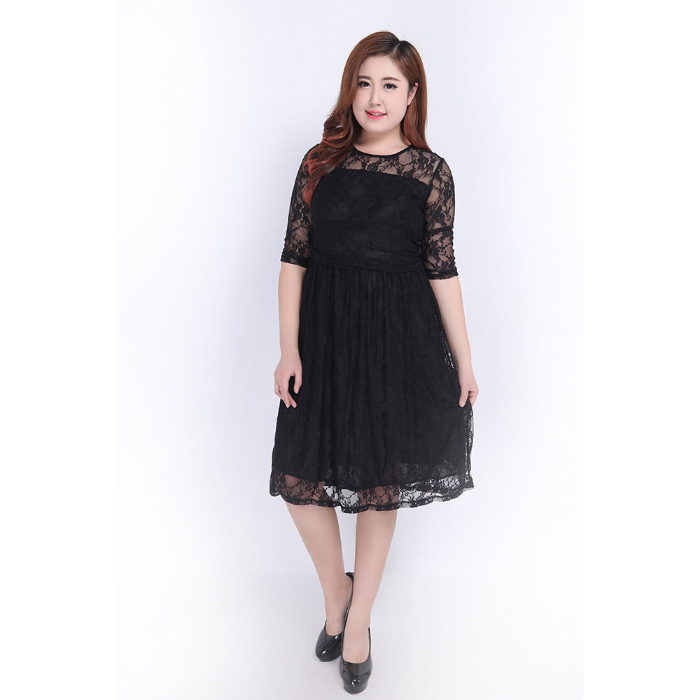Damen Spitzenkleid mit elegantem Rundhalsausschnitt und schwingendem Rock R&B