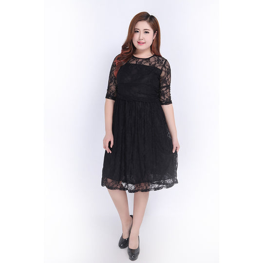 Damen Spitzenkleid mit elegantem Rundhalsausschnitt und schwingendem Rock R&B