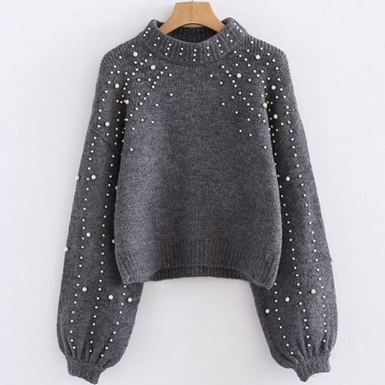 Damen Pullover mit schimmernden Perlendetails und voluminösen Ärmeln R&B