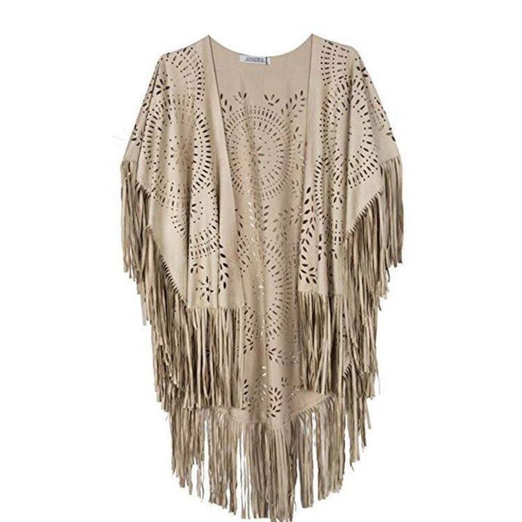 Damen fransiger, leichter Kimono aus Kunstleder mit ausgeschnittenem Muster R&B