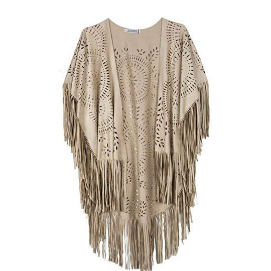 Damen fransiger, leichter Kimono aus Kunstleder mit ausgeschnittenem Muster R&B