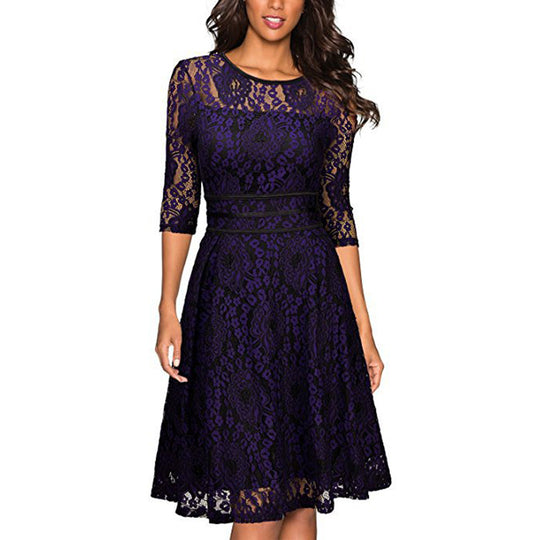 Damen Spitzenkleid mit eleganter Taillenschnürung und schwingendem Rock R&B
