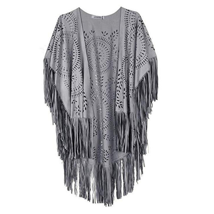 Damen fransiger, leichter Kimono aus Kunstleder mit ausgeschnittenem Muster R&B