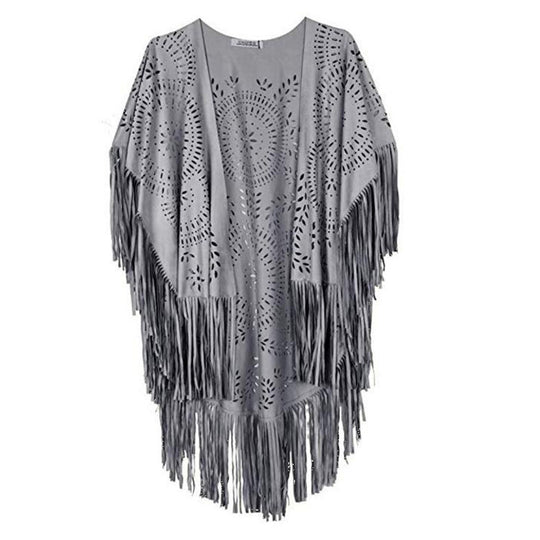 Damen fransiger, leichter Kimono aus Kunstleder mit ausgeschnittenem Muster R&B