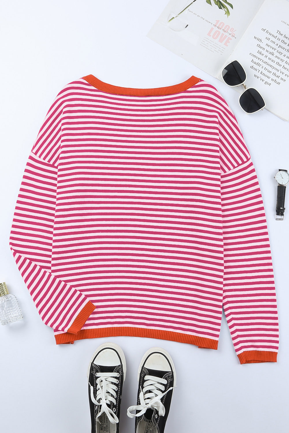 Kontrastfarbig Gestreifter Pullover Mit Überschnittenen Schultern
