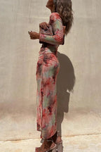 R&B | Charm Lady Mesh Overlay Tie Dye Print Langarm Rüsch Stretch Midi Kleid