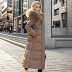 R&B | Damen lange Winterjacke mit Pelzmütze und Gürtel