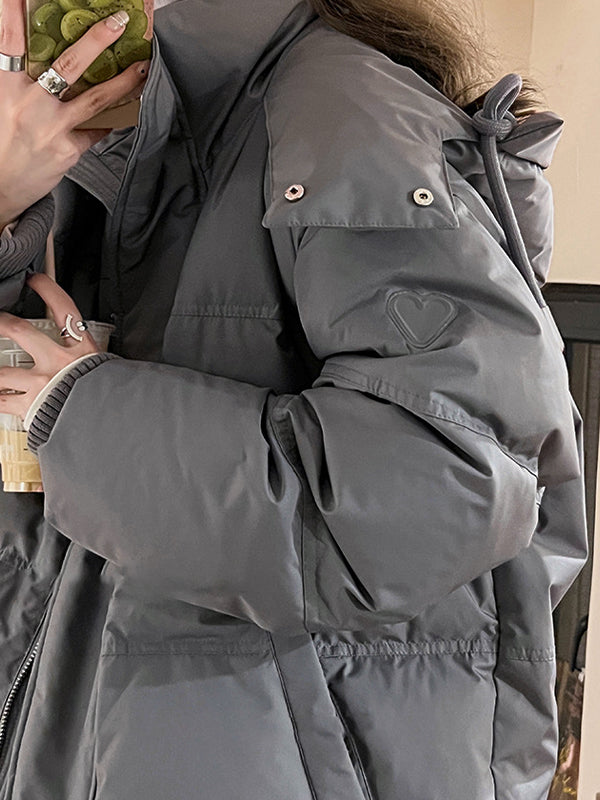 R&B | Graue Einfarbige Herz Dekorierte Kapuzen-Pufferjacke