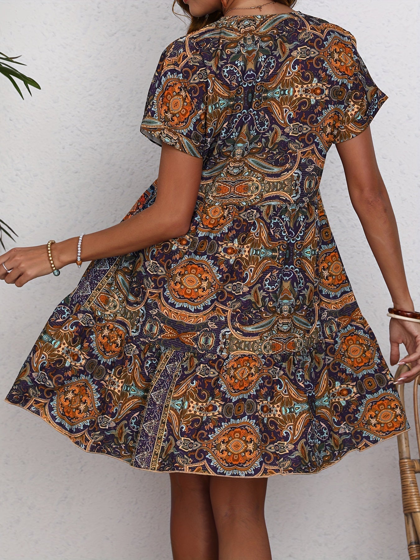 R&B | Paisley V-Ausschnitt Kleid Locker Kurzarm Sommerkleid