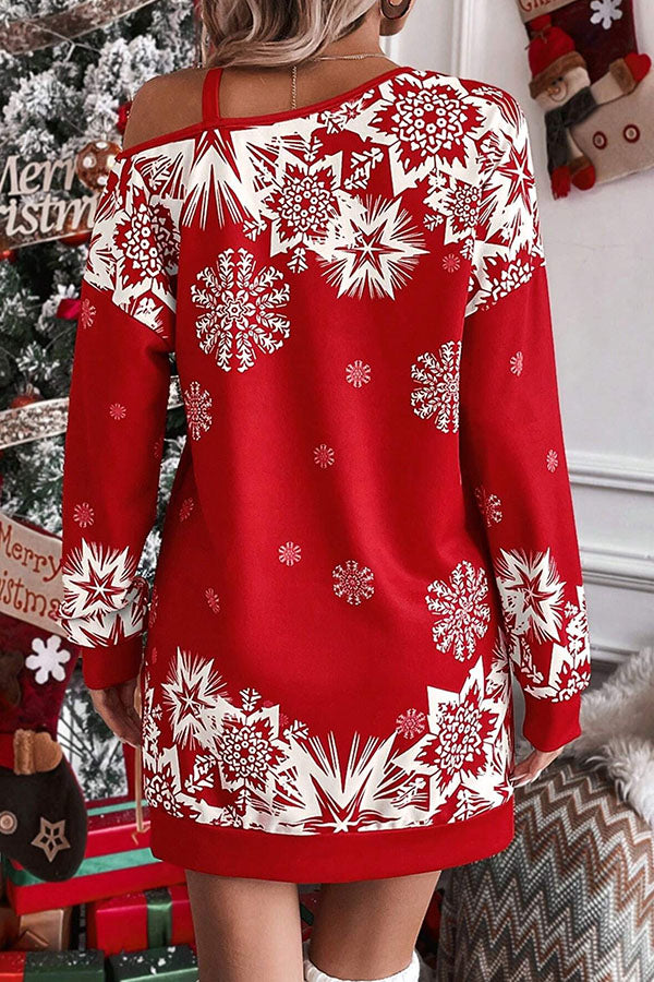 R&B | Weihnachts-Schneeflocke Kalt-Schulter Lockeres Sweatshirt Mini Kleid
