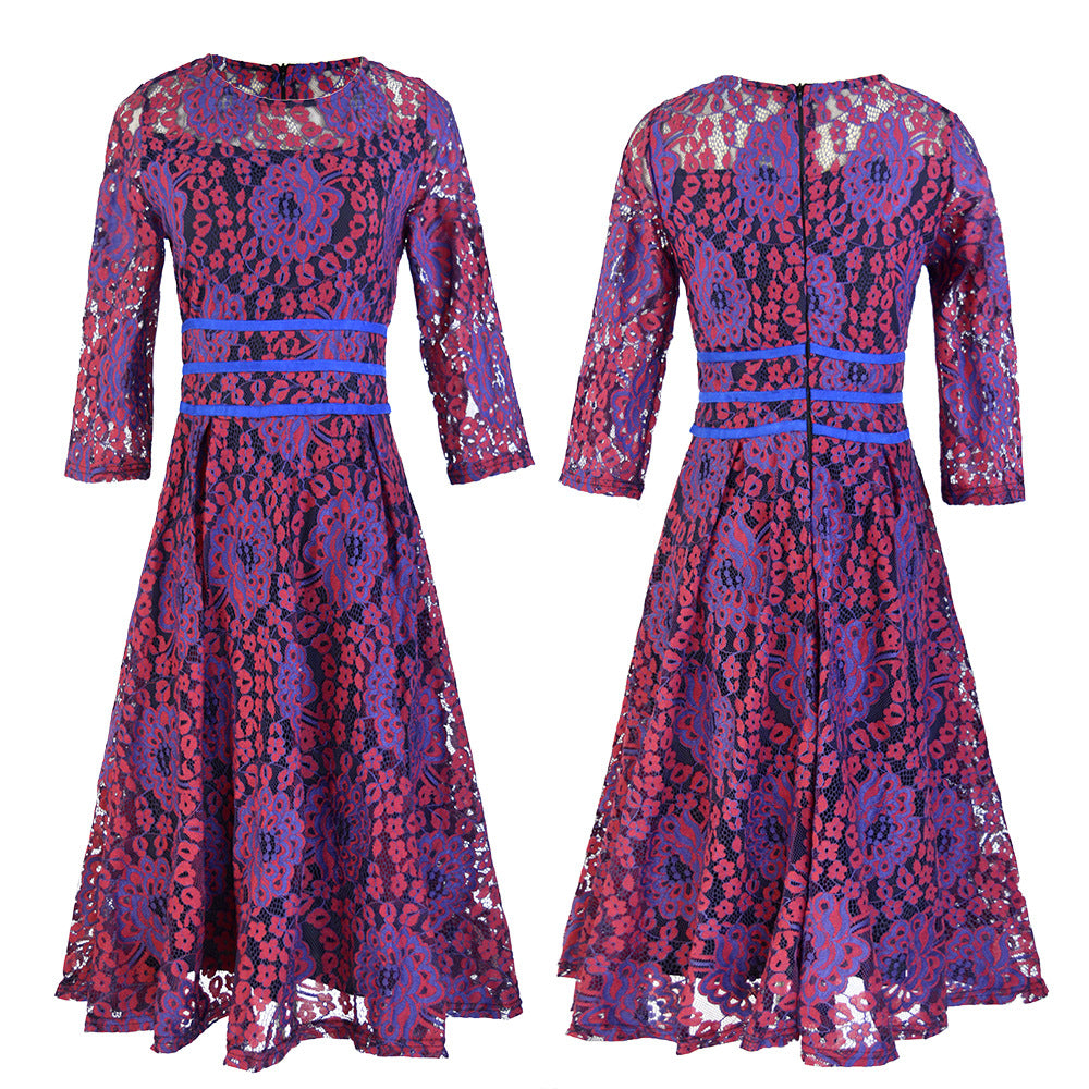 Damen Spitzenkleid mit eleganter Taillenschnürung und schwingendem Rock R&B