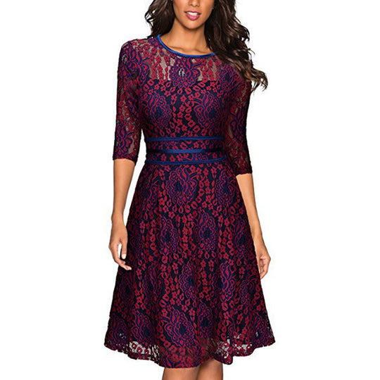 Damen Spitzenkleid mit eleganter Taillenschnürung und schwingendem Rock R&B