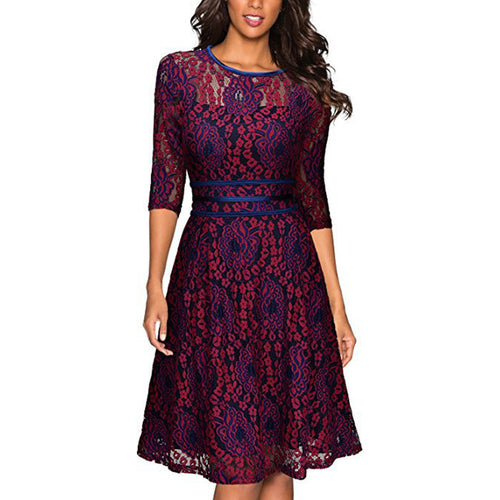 Damen Spitzenkleid mit eleganter Taillenschnürung und schwingendem Rock R&B