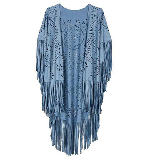 Damen fransiger, leichter Kimono aus Kunstleder mit ausgeschnittenem Muster R&B