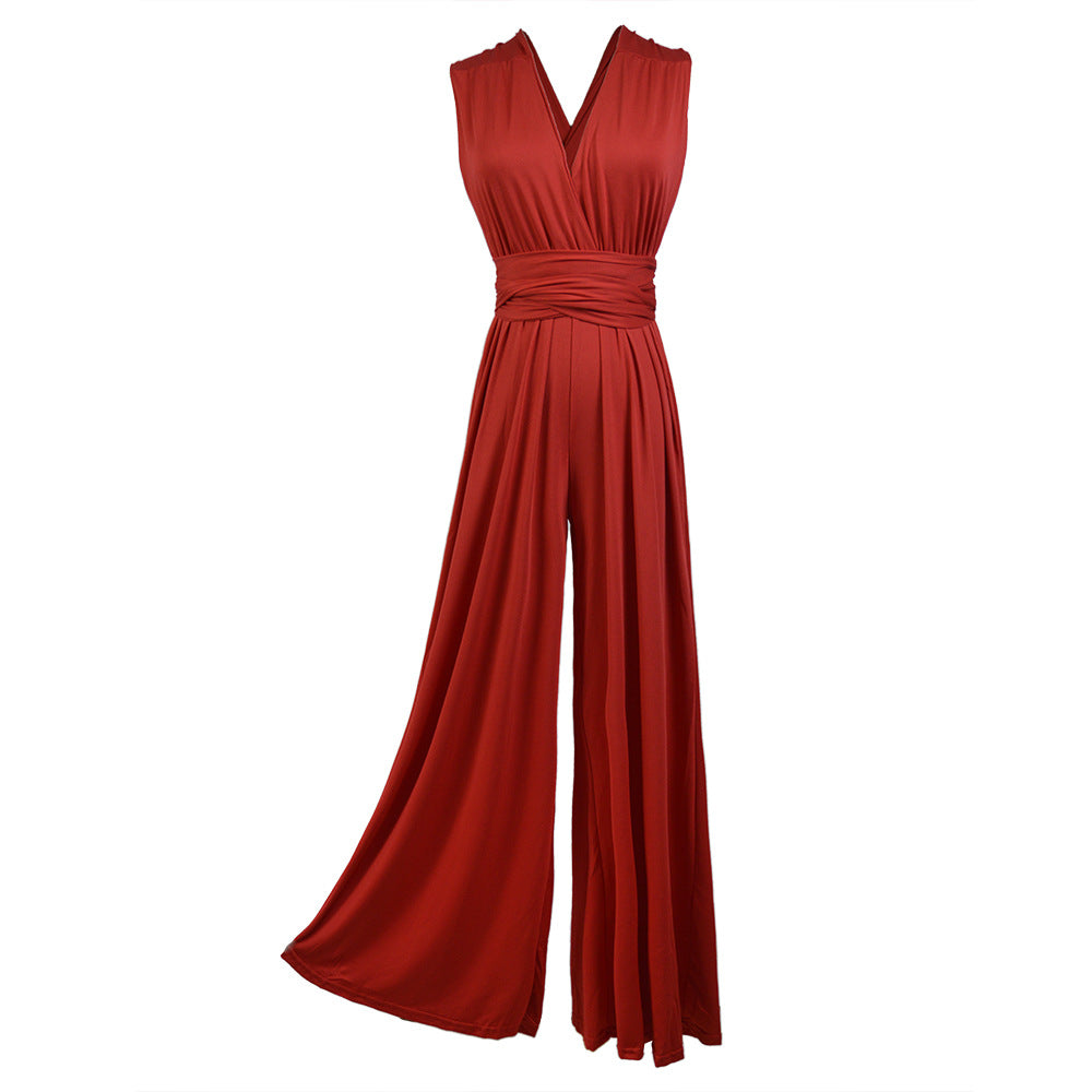 Damen Eleganter Jumpsuit mit Tiefem V-Ausschnitt und Innovativer Wickeloptik R&B