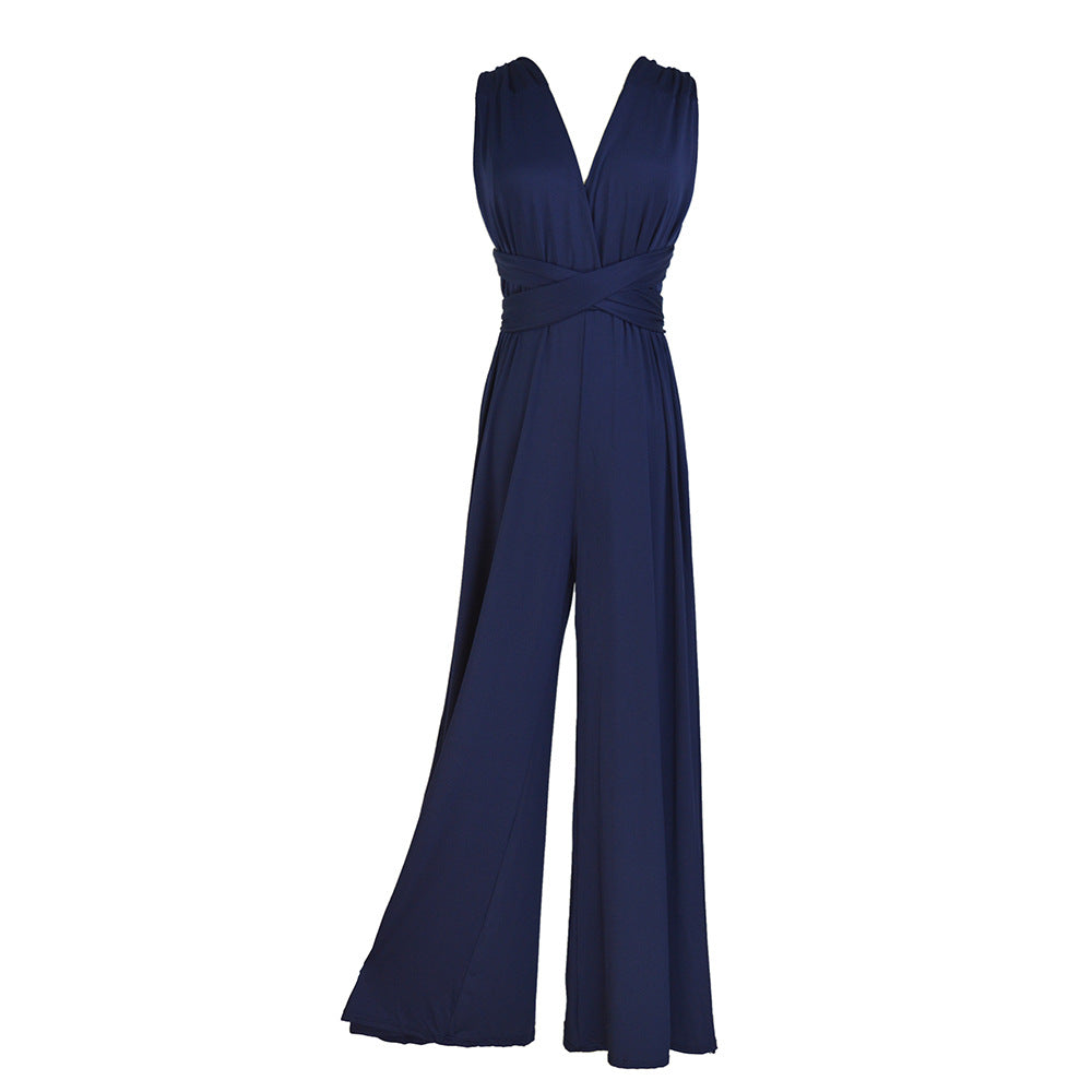Damen Eleganter Jumpsuit mit Tiefem V-Ausschnitt und Innovativer Wickeloptik R&B