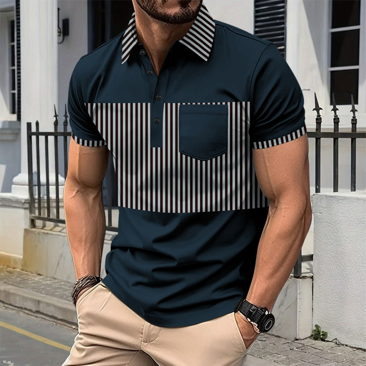R&B | Tasche Knopf Revers gestreiftes Farbschema T-Shirt
