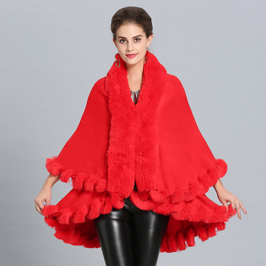 Damen Kapuzenponcho mit luxuriösem Fellkragen und eleganter Umrandung R&B