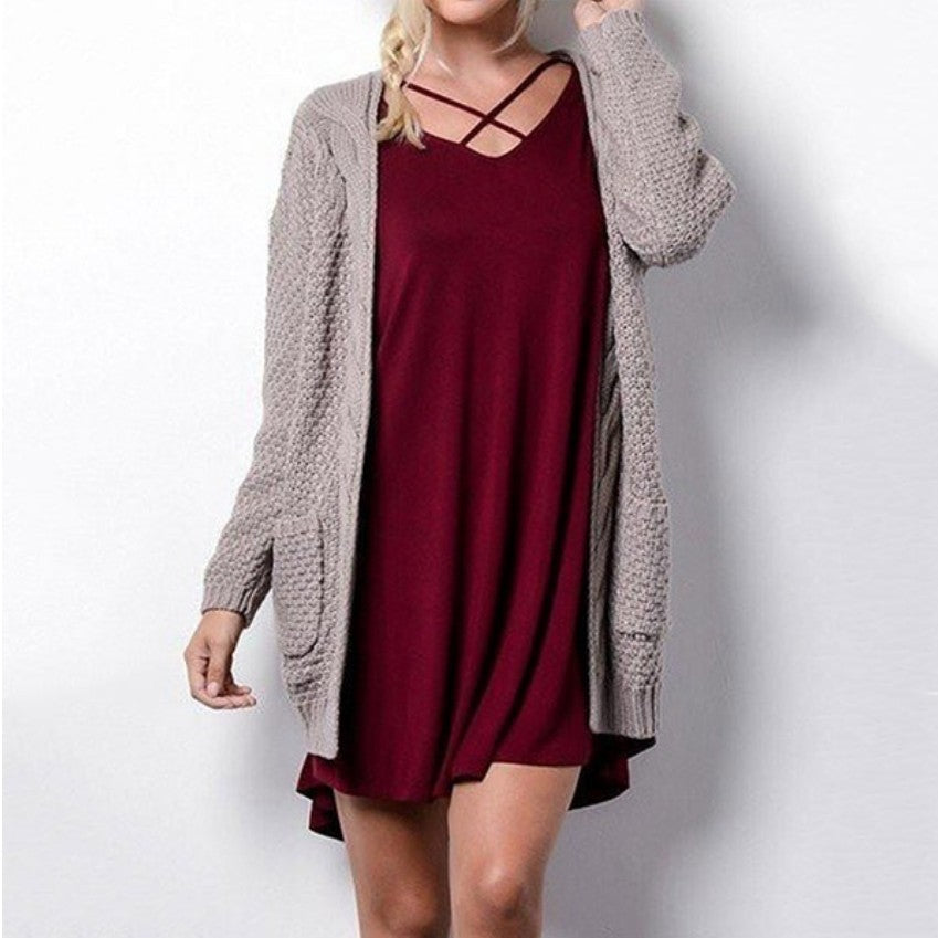 Damen lässiger Strickcardigan mit seitlichen Taschen und offener Front R&B