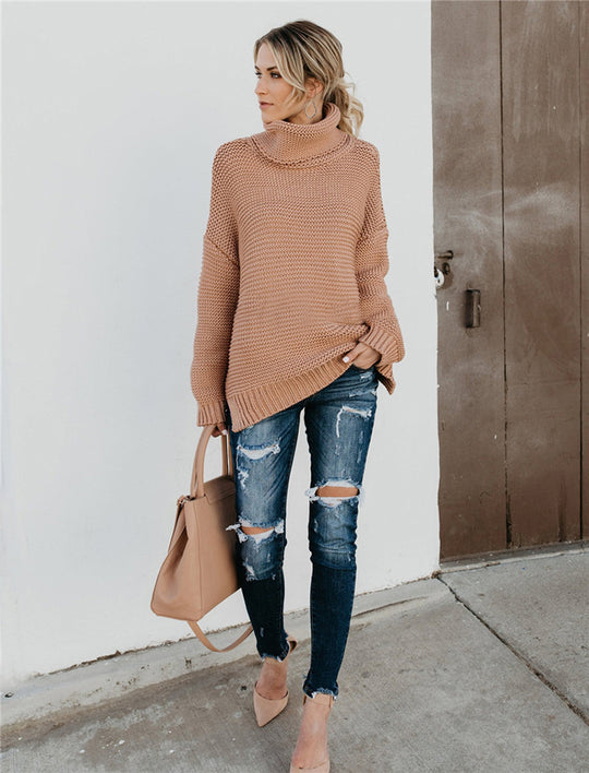 Damen Grobstrickpullover mit hohem Kragen und überschnittenen Schultern R&B