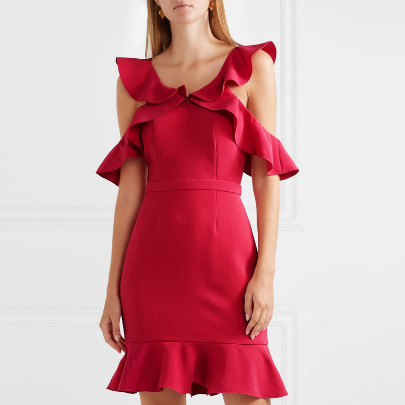 Damen Kleid mit schulterfreiem Rüschendesign und figurbetontem Schnitt R&B