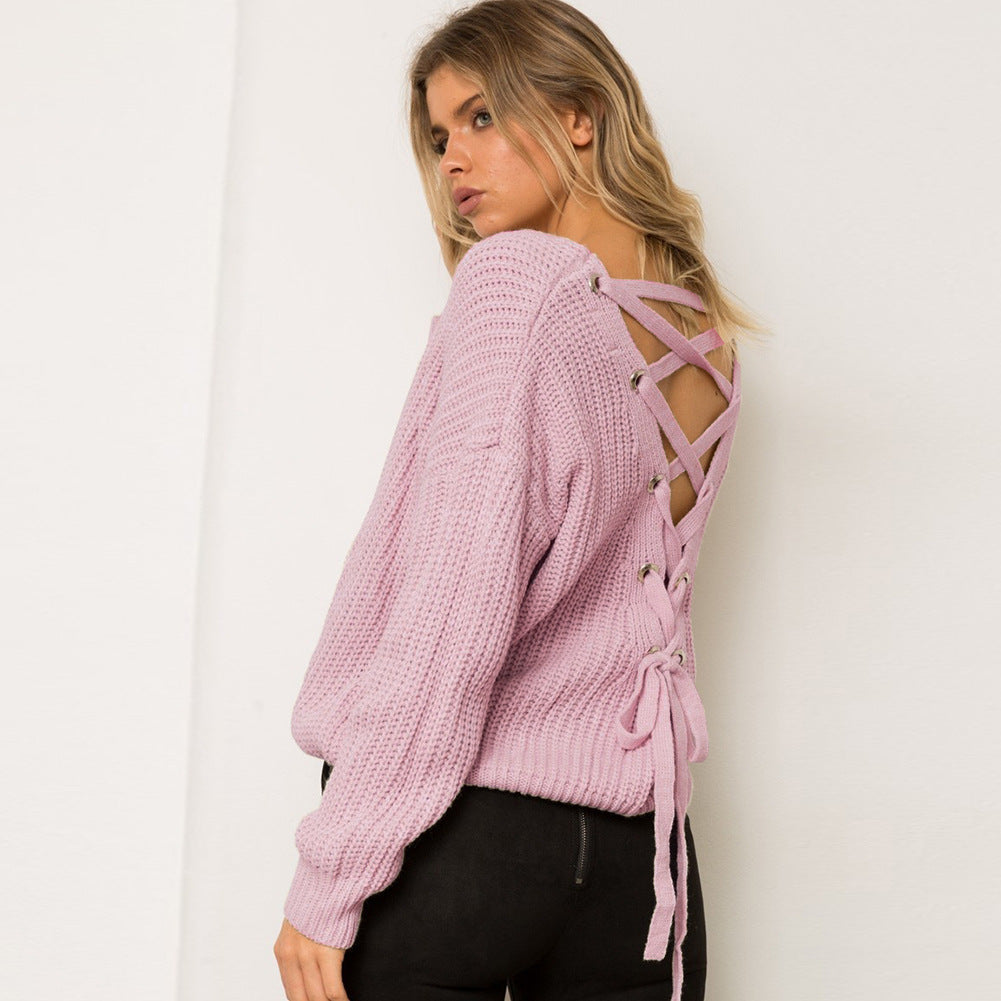 Damen Pullover mit einzigartigem Rückendesign und dekorativem Schnüriemen