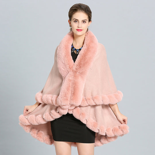 Damen Kapuzenponcho mit luxuriösem Fellkragen und eleganter Umrandung R&B