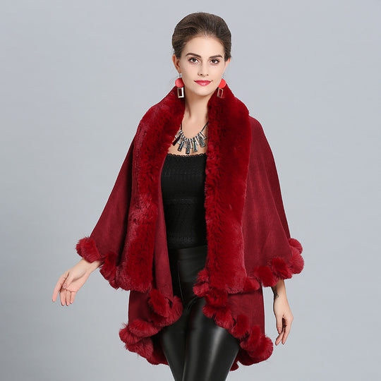 Damen Kapuzenponcho mit luxuriösem Fellkragen und eleganter Umrandung R&B
