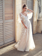 Damen Elegantes Maxikleid mit floralem Spitzenmuster und sanften Ärmeln R&B