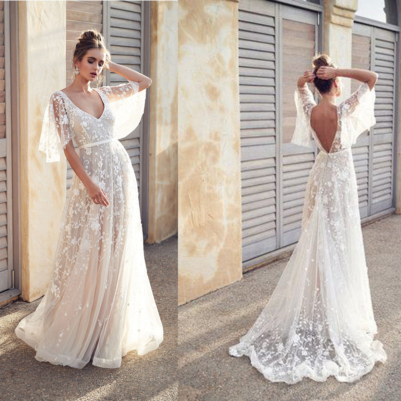 Damen Elegantes Maxikleid mit floralem Spitzenmuster und sanften Ärmeln R&B