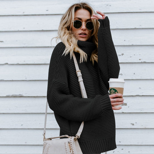 Damen Grobstrickpullover mit hohem Kragen und lässiger Passform R&B