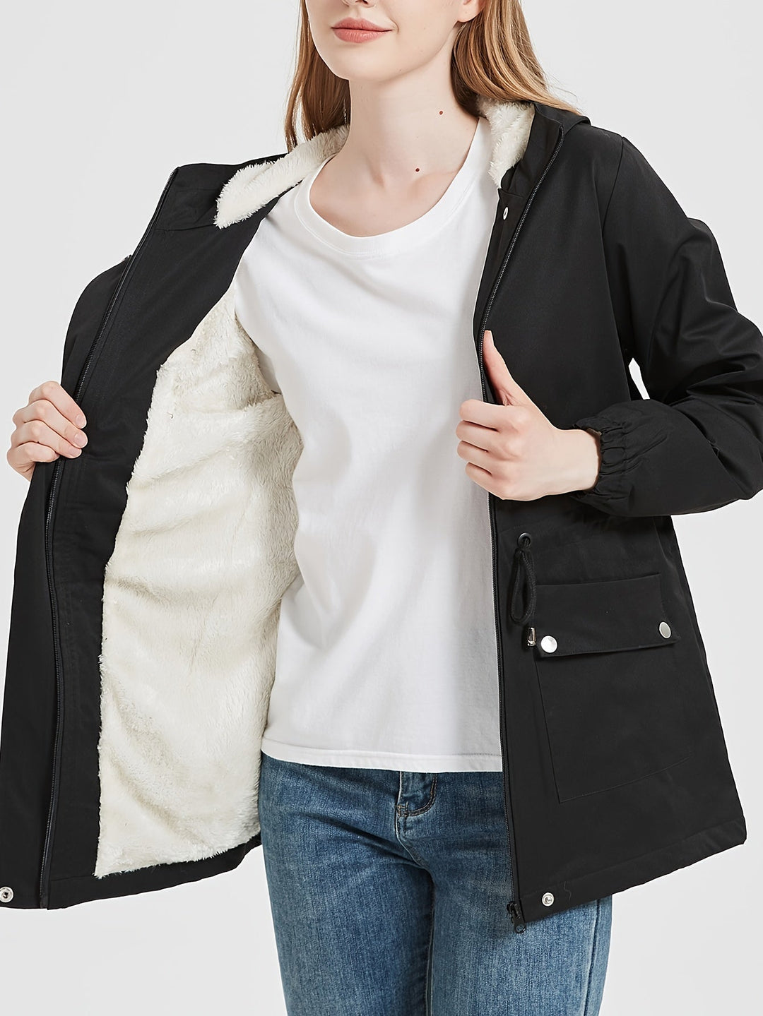 R&B | Schwarze Winter-Casual mit Futter Aus Kunstpelz und Verstellbarem Bund für Frauen Ideal für Herbst und Winter