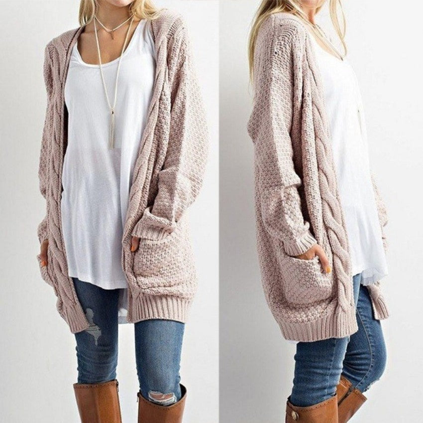 Damen lässiger Strickcardigan mit seitlichen Taschen und offener Front R&B